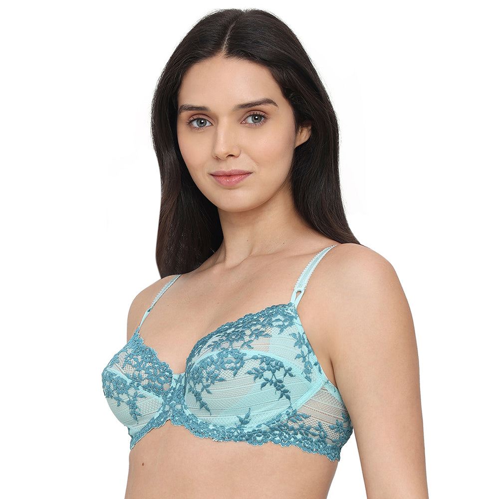 Embrace Lace Non Padded Wired 3/4th Cup Bridal Wear Medium coverage Fashion Bra - Aqua