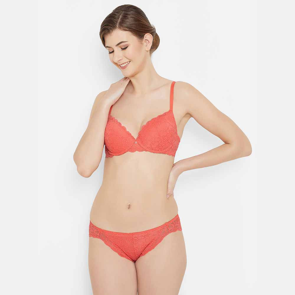 Plush Desire Low Waist Medium Coverage Bridal Wear Lace Bikini Panty - Coral