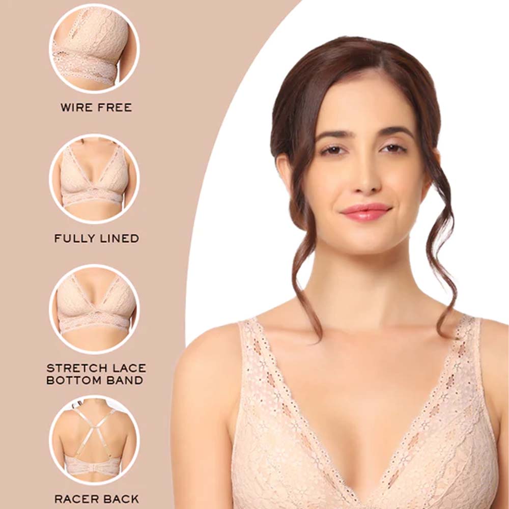 Halo Non Padded Non Wired 3/4th Cup Bridal Wear Medium coverage Lace Bralette - Beige