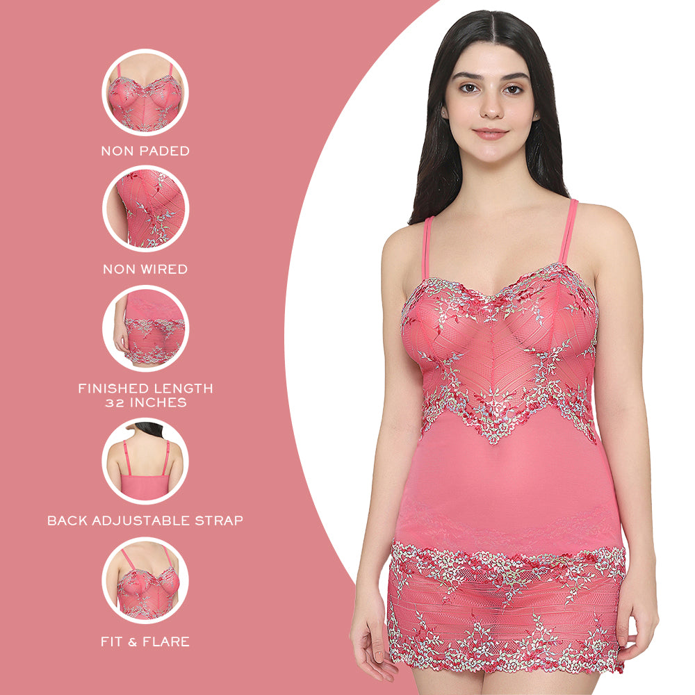 Embrace Lace  Non Padded  Non Wired Bridal Wear Short Lace Babydoll Chemise - Pink