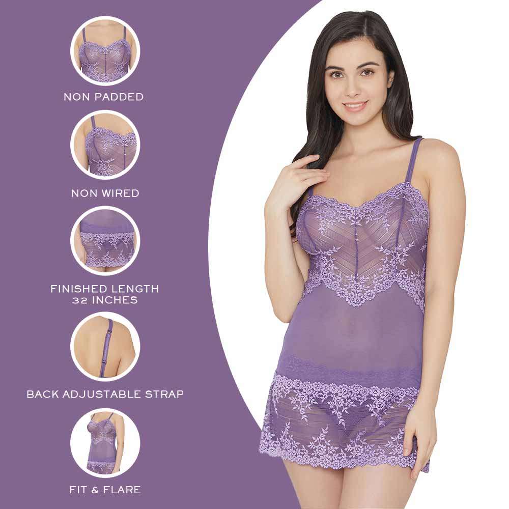 Embrace Lace  Non Padded  Non Wired Bridal Wear Short Lace Babydoll Chemise - Purple