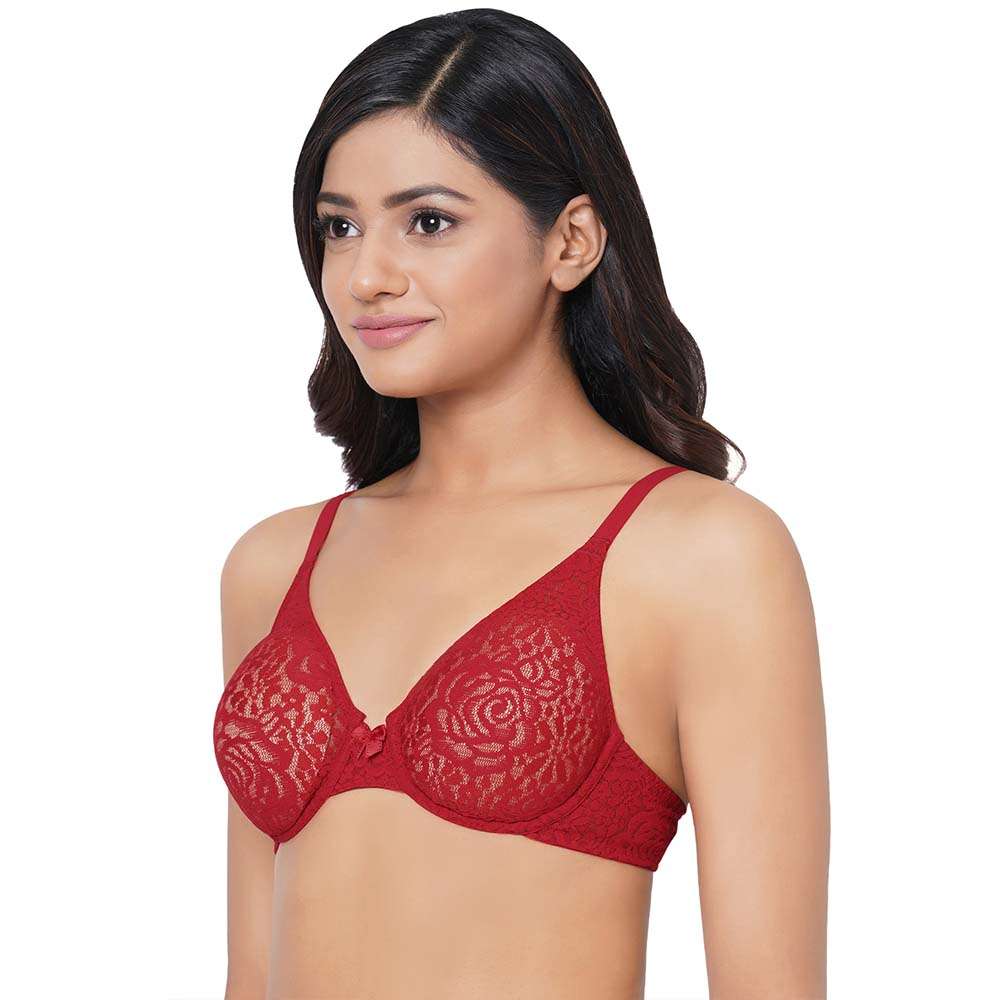 Halo Lace Non Padded Wired Full Cup Bridal Wear Plus Size Lace Bra - Red