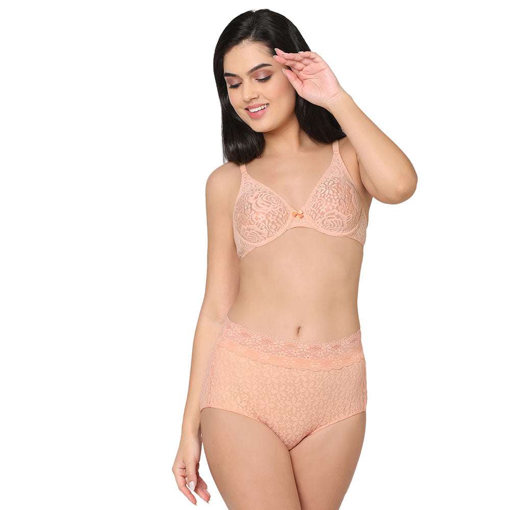 Halo Lace Non Padded Wired Full Cup Bridal Wear Plus Size Lace Bra - Peach