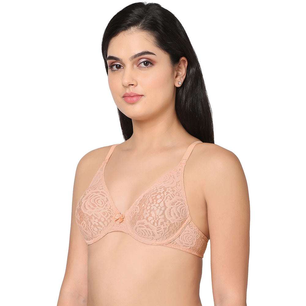 Halo Lace Non Padded Wired Full Cup Bridal Wear Plus Size Lace Bra - Peach