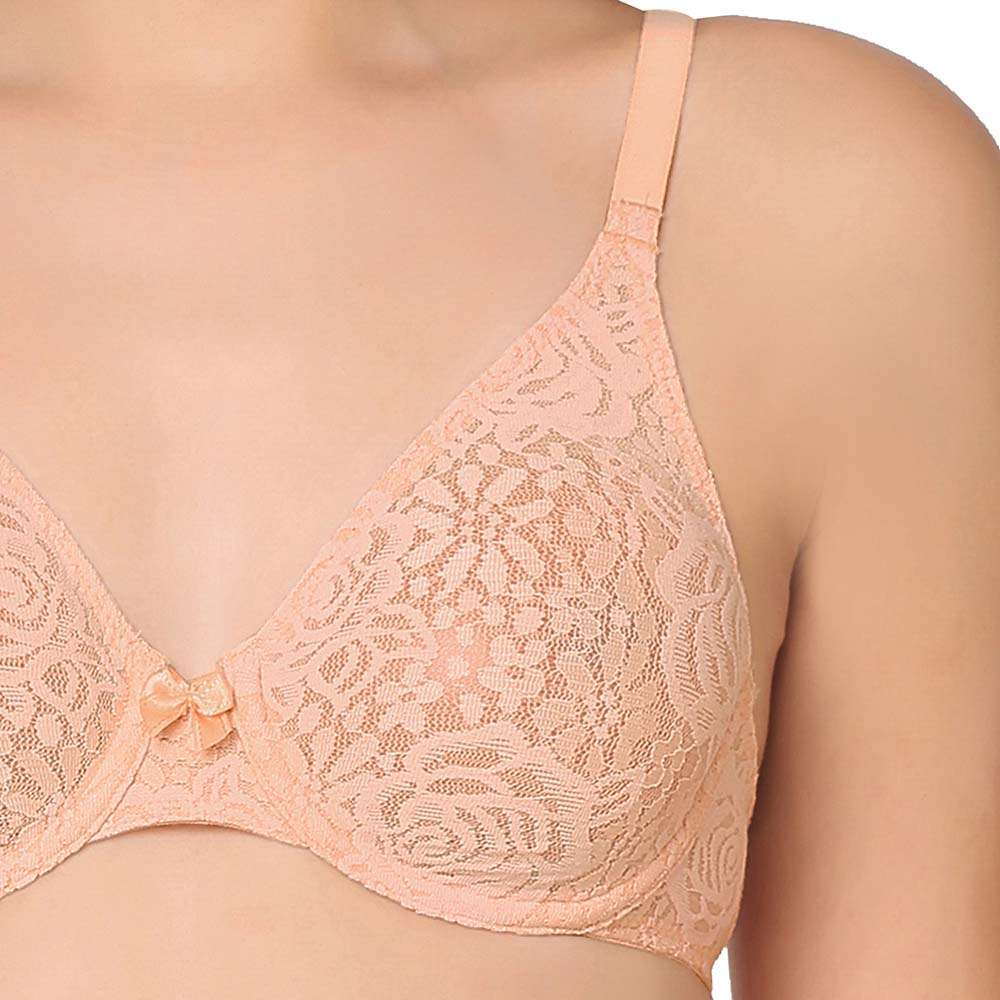 Halo Lace Non Padded Wired Full Cup Bridal Wear Plus Size Lace Bra - Peach