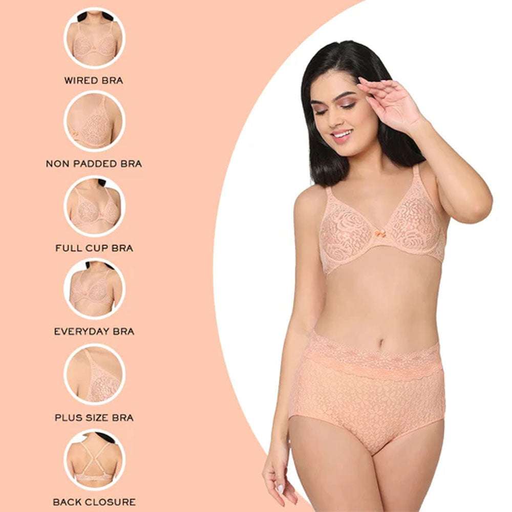 Halo Lace Non Padded Wired Full Cup Bridal Wear Plus Size Lace Bra - Peach