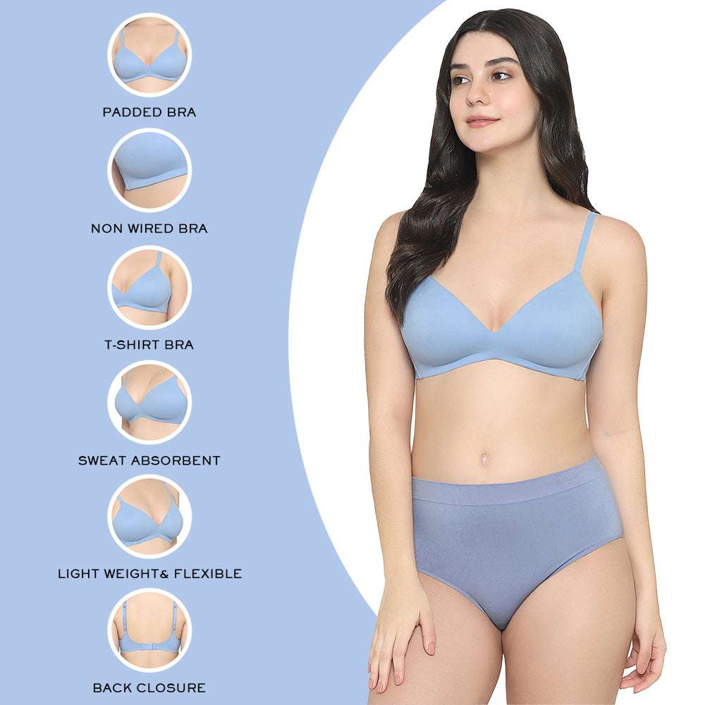 How Perfect Padded Non-wired 3/4th Cup Medium Coverage Seamless T-Shirt Bra - Sky Blue