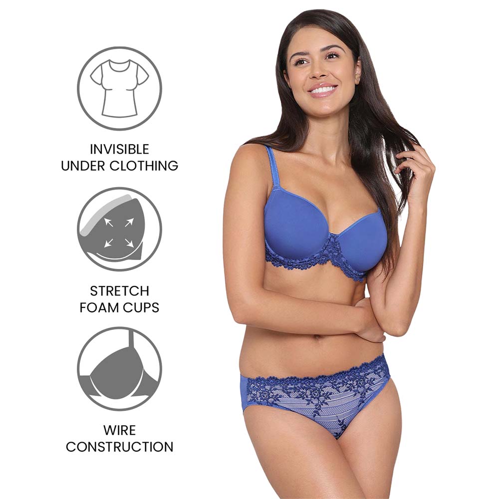Embrace Lace Contour Padded Wired 3/4th Cup Everyday Wear Medium coverage T-Shirt Bra - Dark Blue