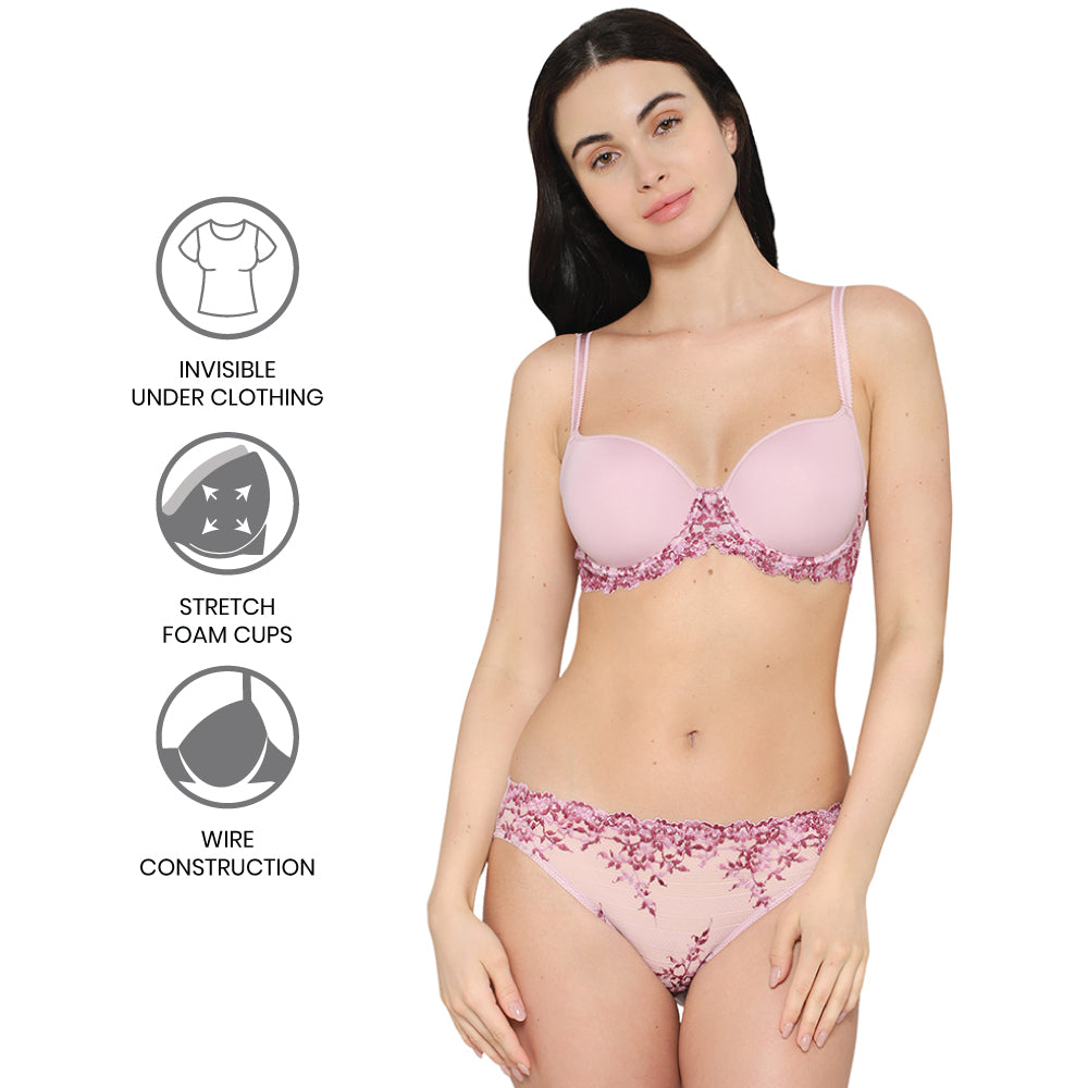 Embrace Lace Contour Padded Wired 3/4th Cup Everyday Wear Medium coverage T-Shirt Bra - Light Pink
