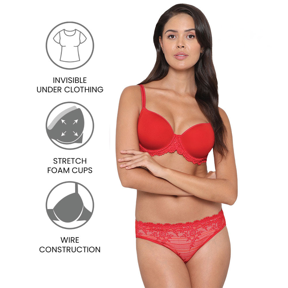 Embrace Lace Contour Padded Wired 3/4th Cup Everyday Wear Medium coverage T-Shirt Bra - Red