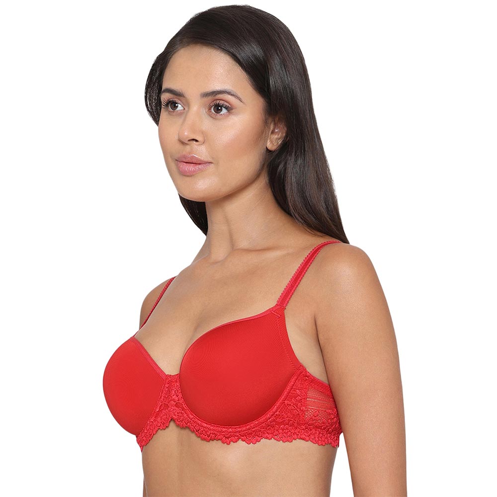 Embrace Lace Contour Padded Wired 3/4th Cup Everyday Wear Medium coverage T-Shirt Bra - Red