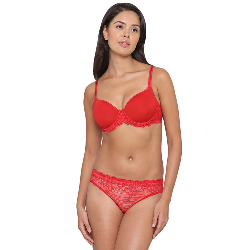 Embrace Lace Contour Padded Wired 3/4th Cup Everyday Wear Medium coverage T-Shirt Bra - Red