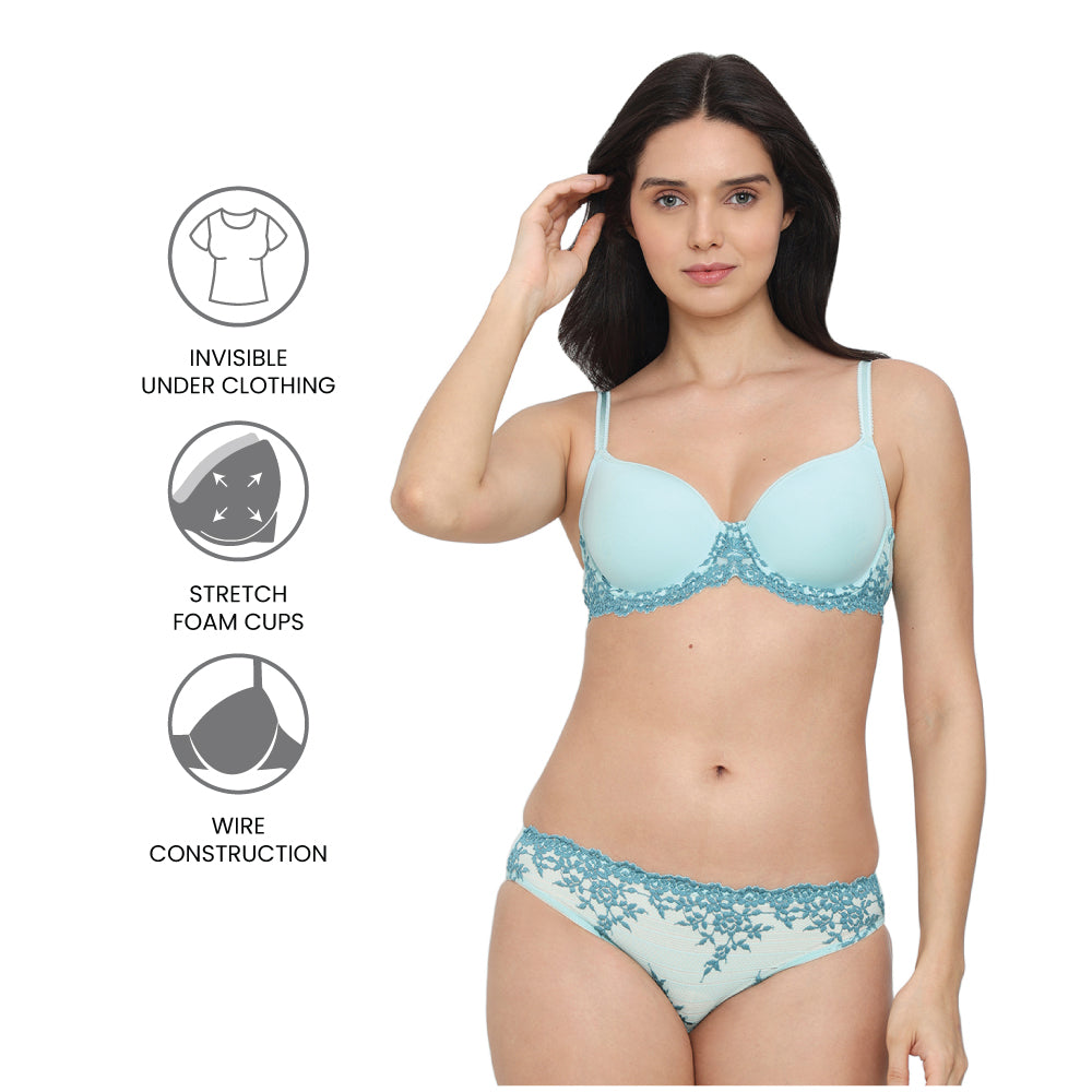 Embrace Lace Contour Padded Wired 3/4th Cup Everyday Wear Medium coverage T-Shirt Bra - Aqua