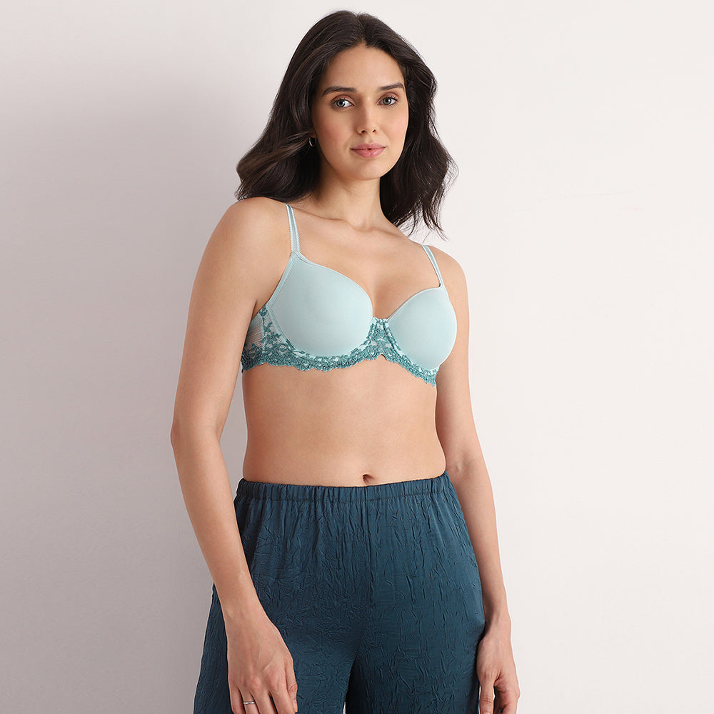 Embrace Lace Contour Padded Wired 3/4th Cup Everyday Wear Medium coverage T-Shirt Bra - Aqua