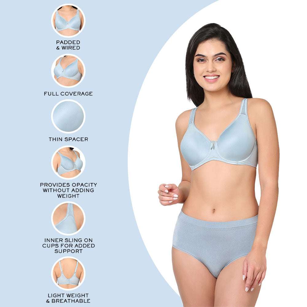 Basic Beauty Lightly Padded Wired Full Cup Everyday Wear Full coverage T-Shirt Bra - Light Blue