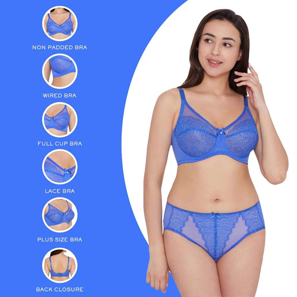Retro Chic Non Padded Wired Full Coverage Full Support Everyday Comfort Bra - Blue