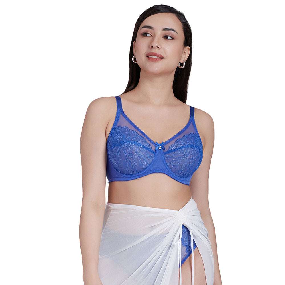 Retro Chic Non Padded Wired Full Coverage Full Support Everyday Comfort Bra - Blue