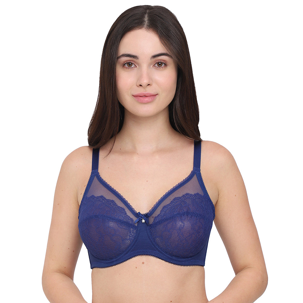Retro Chic Non Padded Wired Full Coverage Full Support Everyday Comfort  Bra - Blue