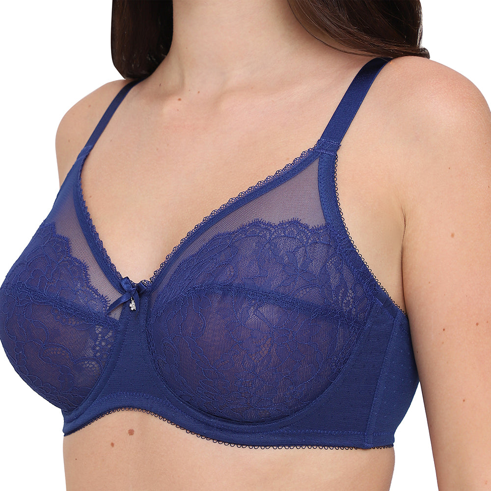 Retro Chic Non Padded Wired Full Coverage Full Support Everyday Comfort  Bra - Blue