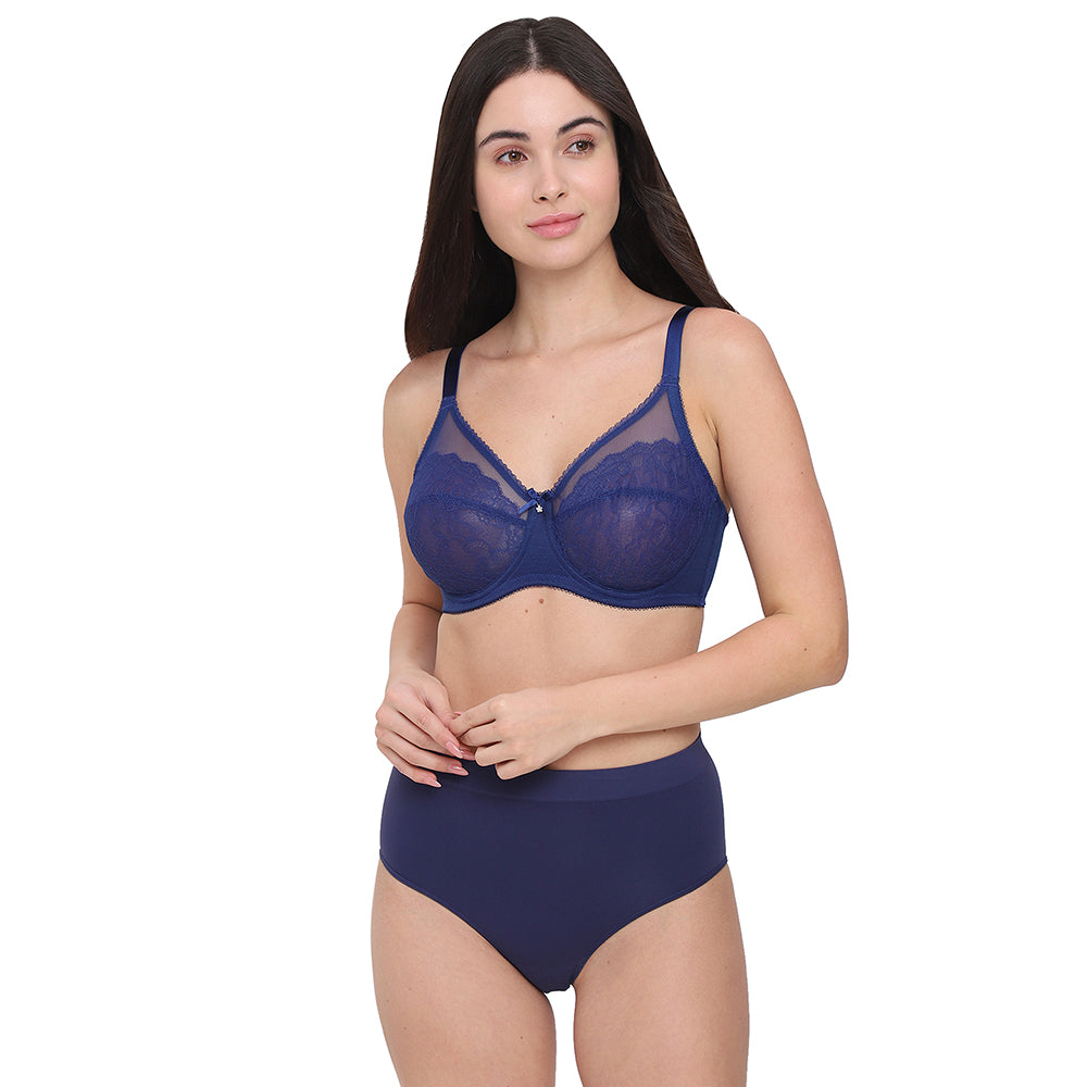 Retro Chic Non Padded Wired Full Coverage Full Support Everyday Comfort  Bra - Blue