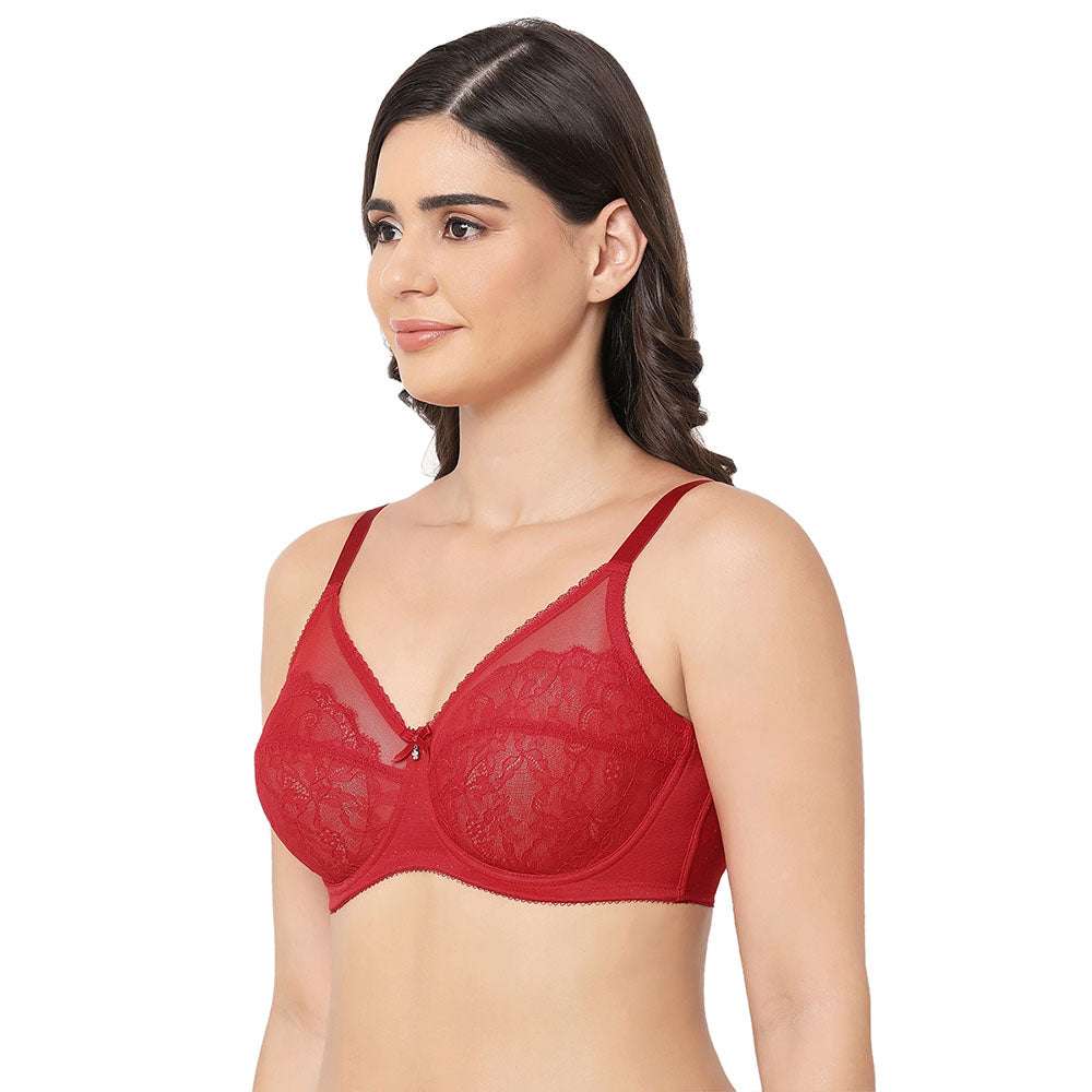 Retro Chic Non Padded Wired Full Coverage Full Support Everyday Comfort Bra - Red