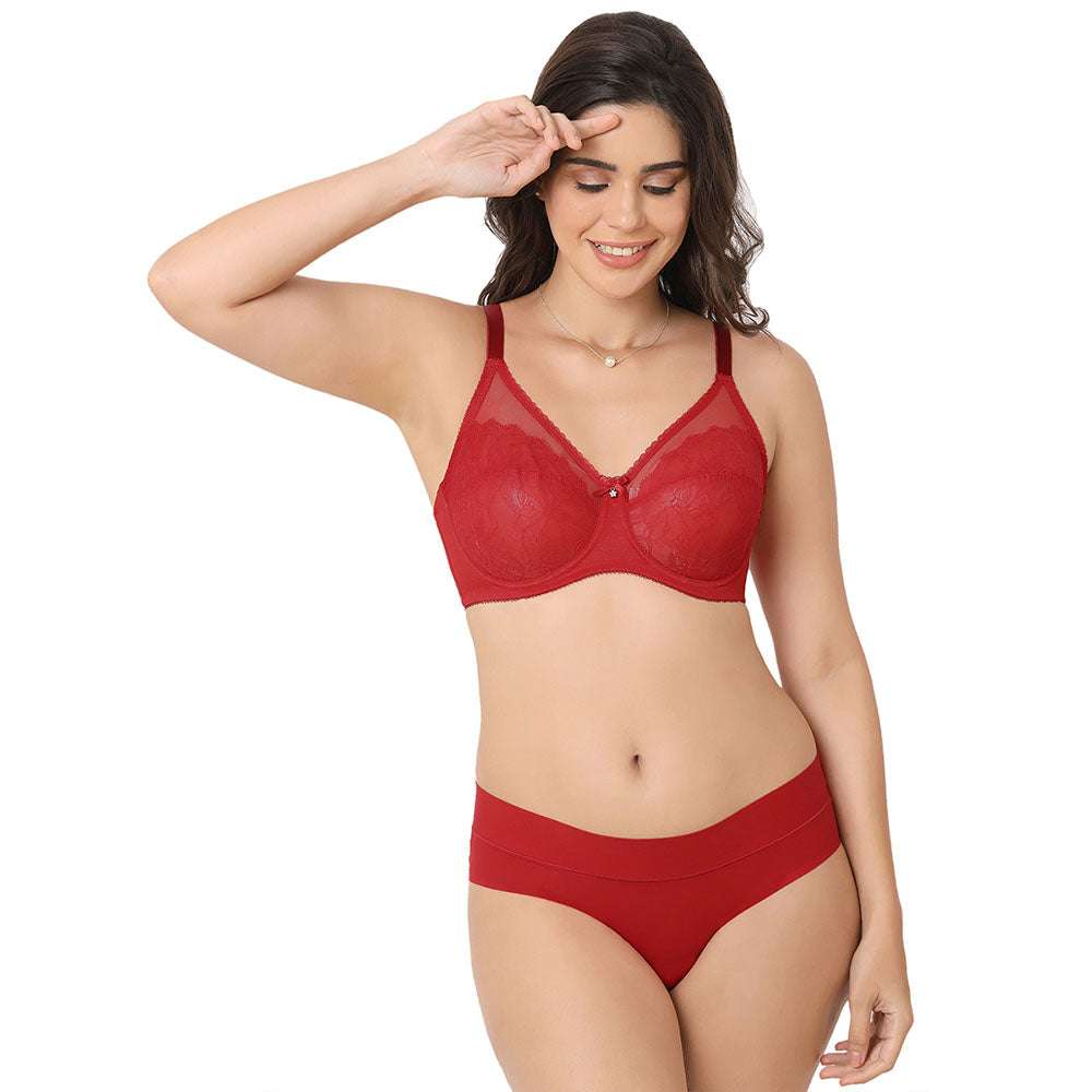 Retro Chic Non Padded Wired Full Coverage Full Support Everyday Comfort Bra - Red