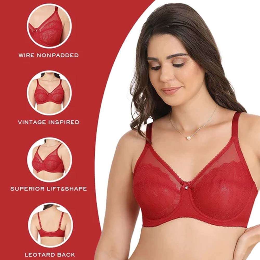 Retro Chic Non Padded Wired Full Coverage Full Support Everyday Comfort Bra - Red