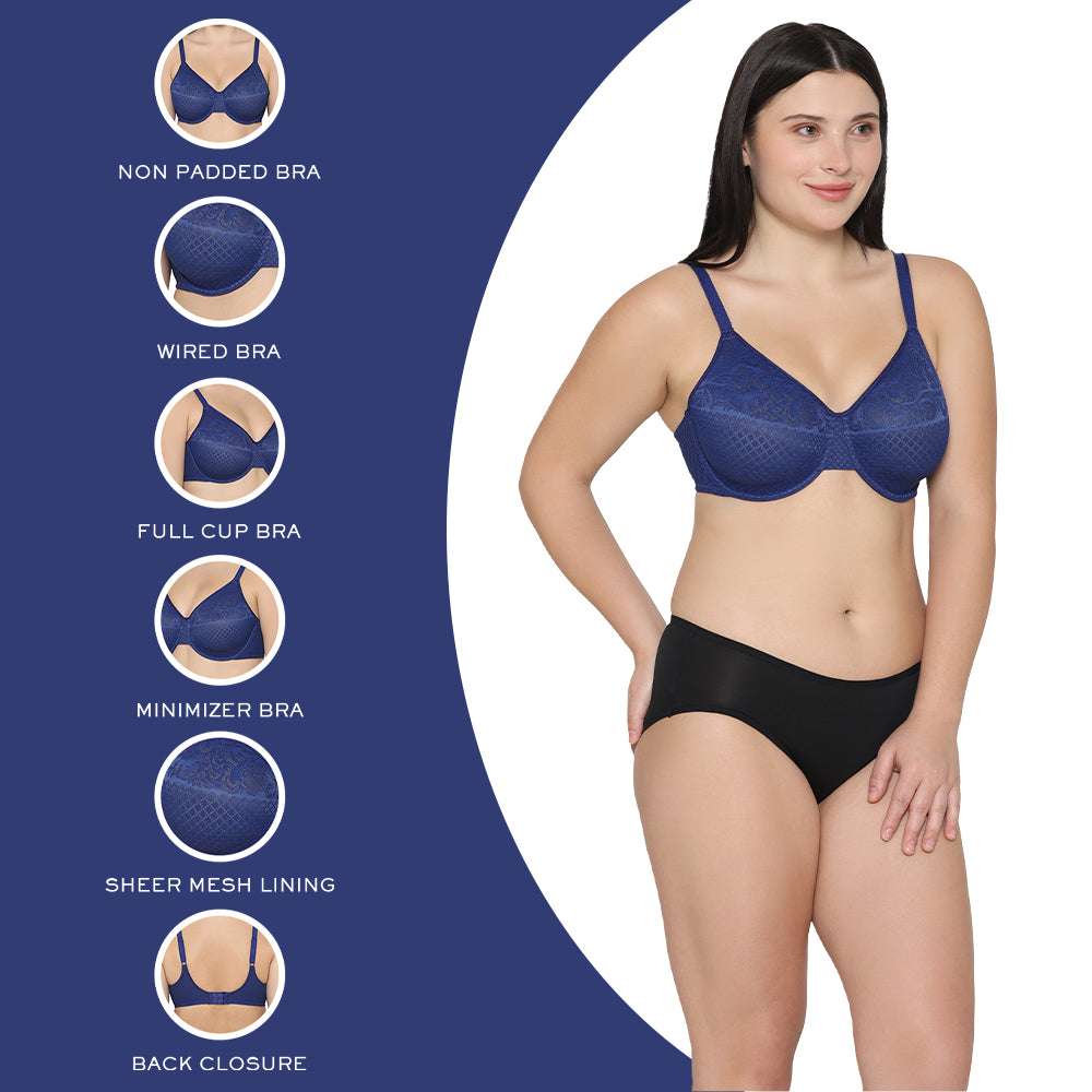Visual Effects Non Padded Wired Full Cup Everyday Wear Plus Size Full Support Minimizer Bra - Dark Blue