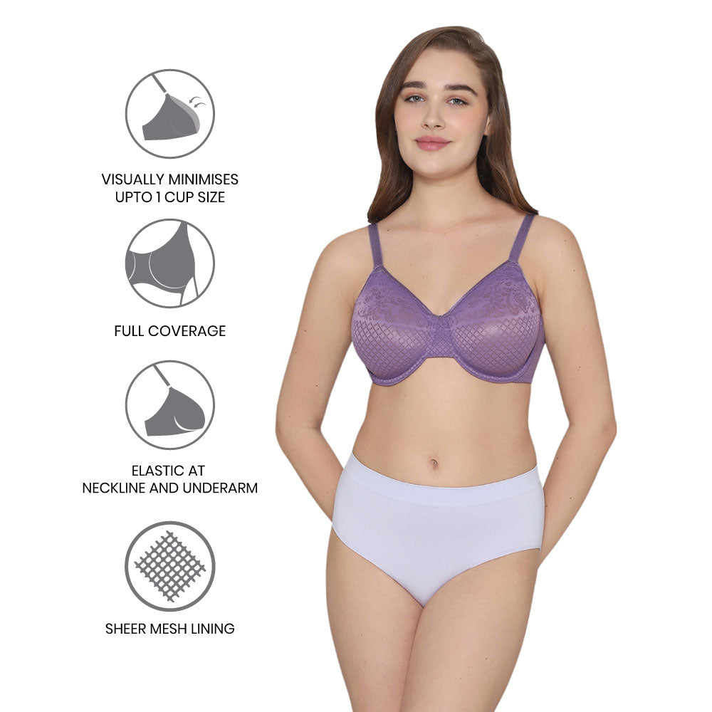 Visual Effects Non Padded Wired Full Cup Everyday Wear Plus Size Full Support Minimizer Bra -Purple
