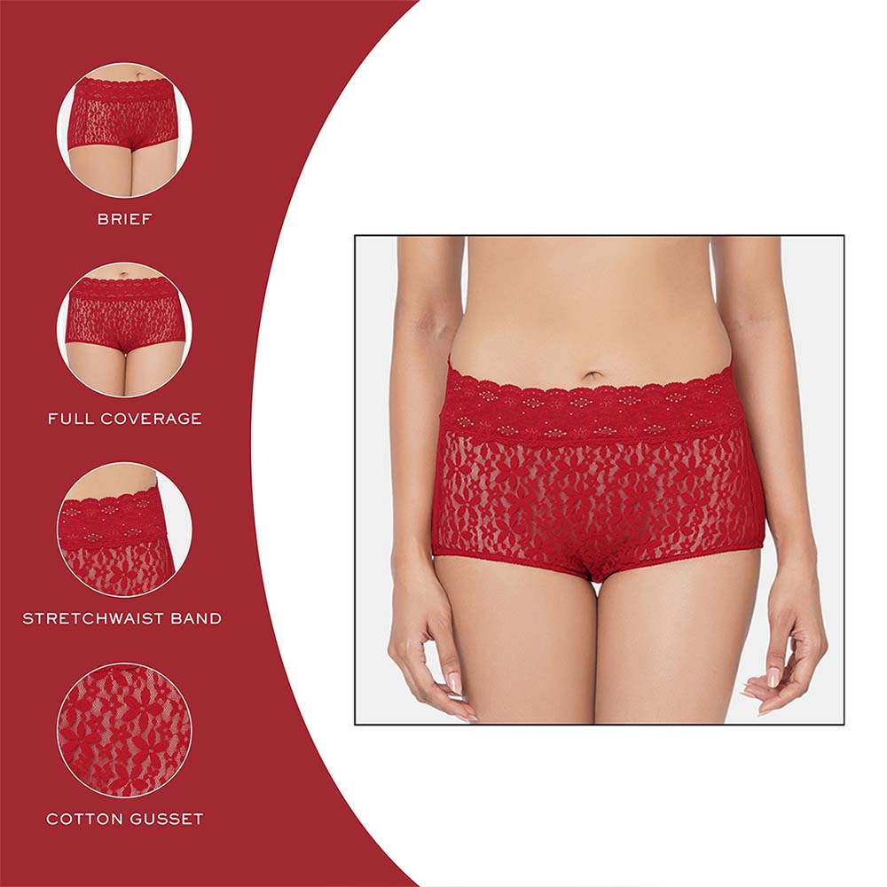 Halo Lace  High Waist Full Coverage Everyday Wear Lace Panty - Red