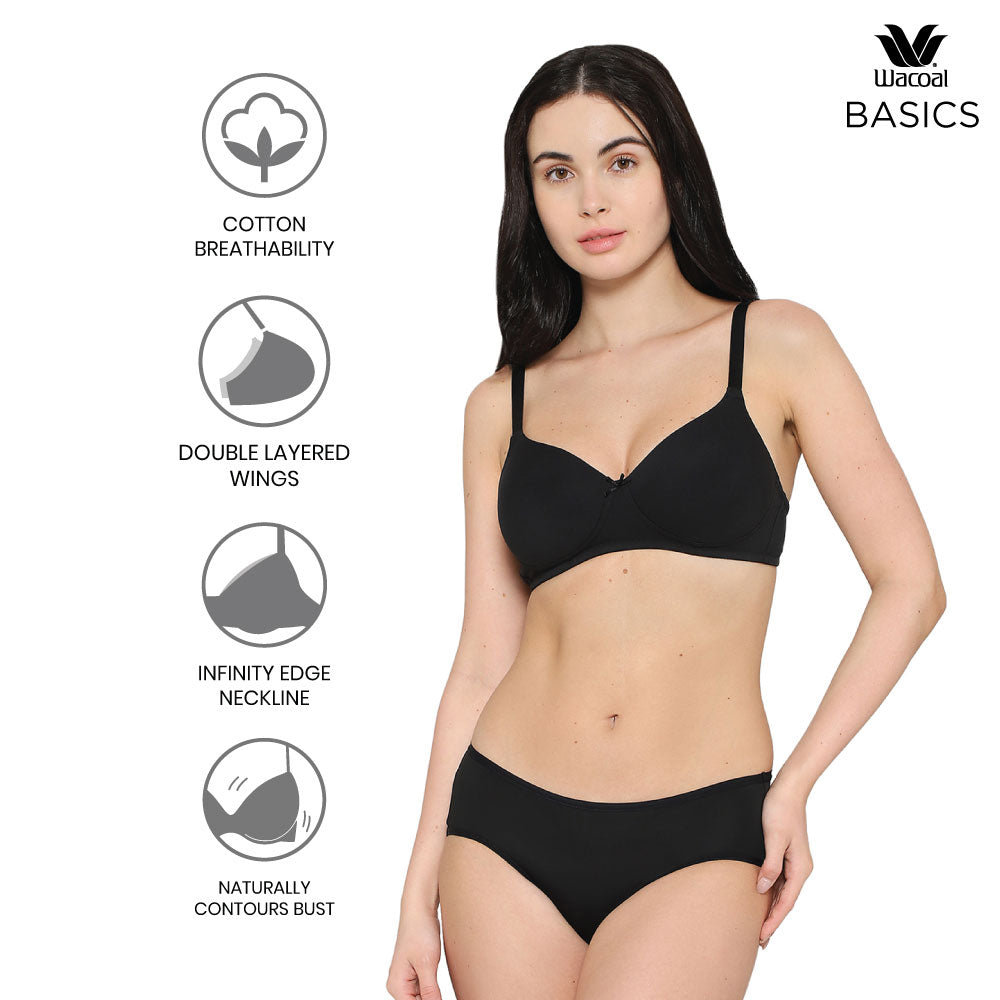Wacoal Women’s BASICS Essentials Padded Non-wired 3/4th Cup Everyday Wear Cotton Blend T-shirt Bra-Black