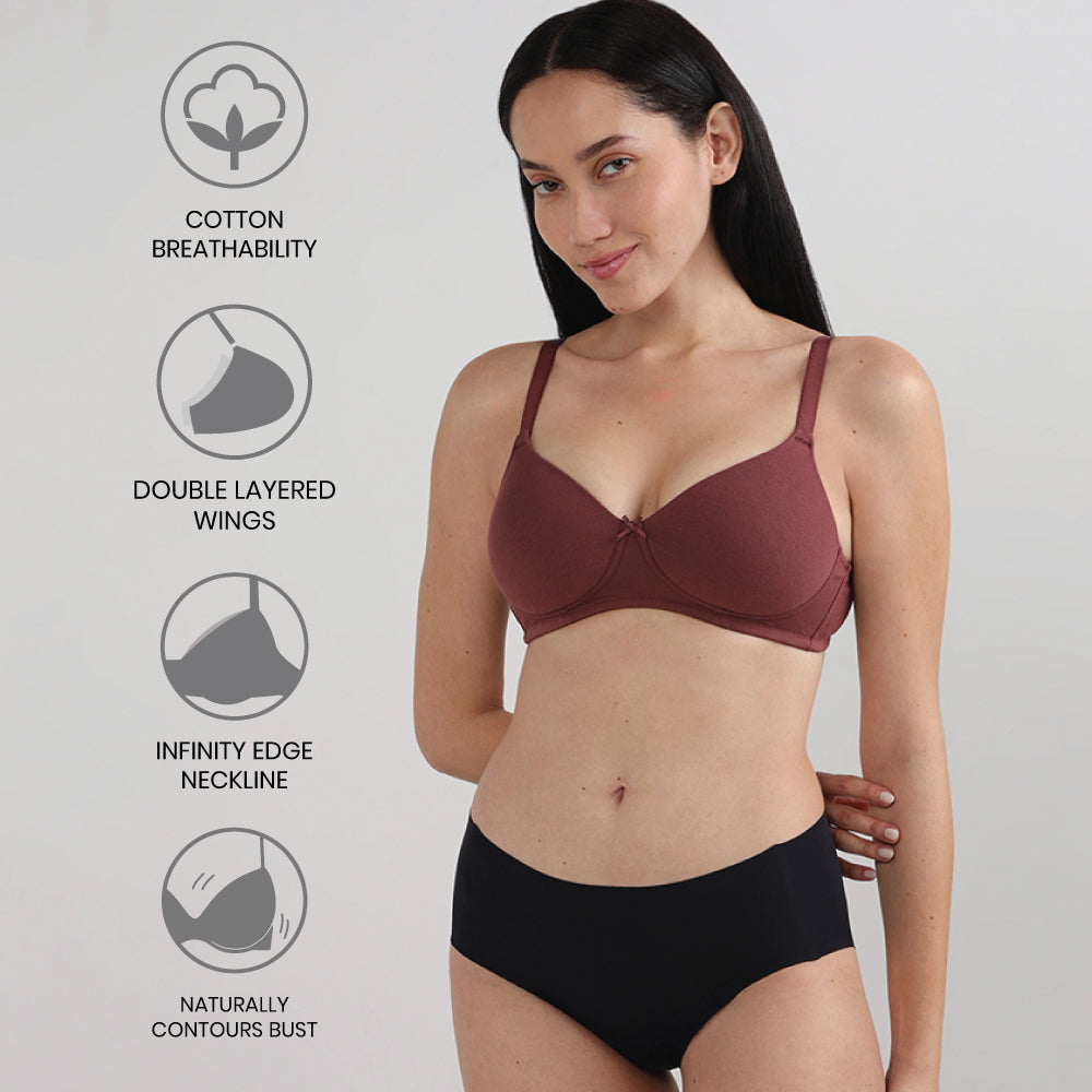 BASICS Essentials2.0 Padded Non-wired 3/4th Cup Everyday Wear T-shirt Bra -Dark Brown