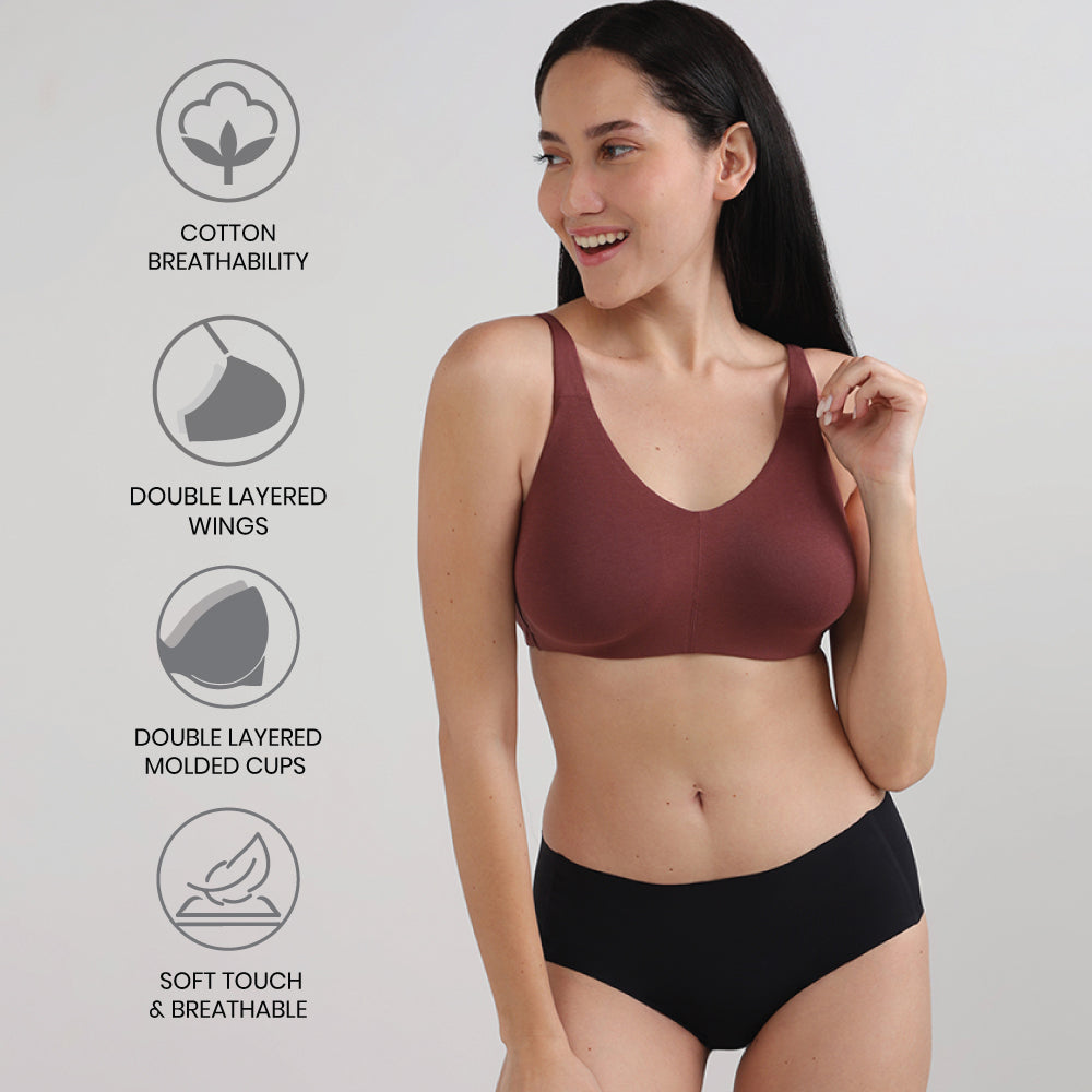 BASICS Essentials Live In Non-padded Non-wired Full Cup Everyday Wear Cotton Blend T-shirt Bra-Dark Brown