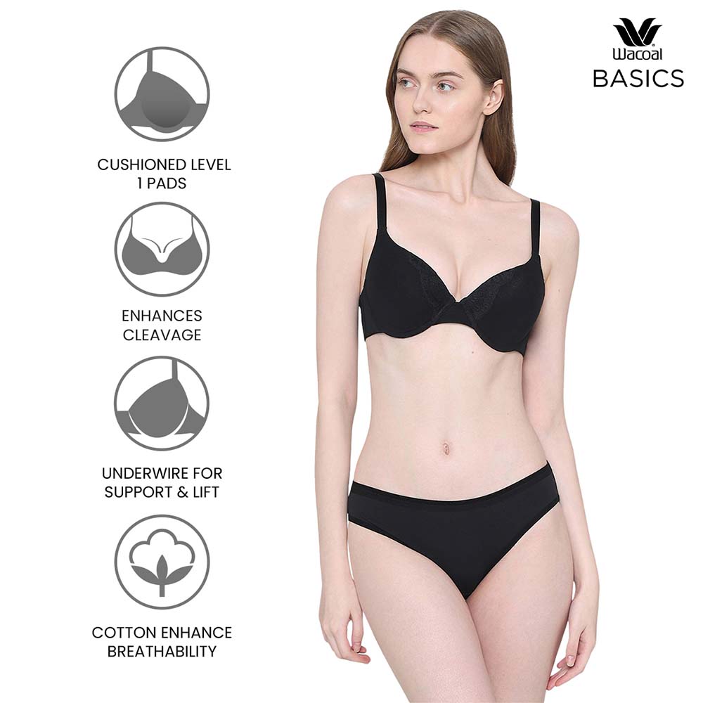 BASICS Lite Push Up Padded Wired Half Cup Everyday Wear Push-up Bra - Black