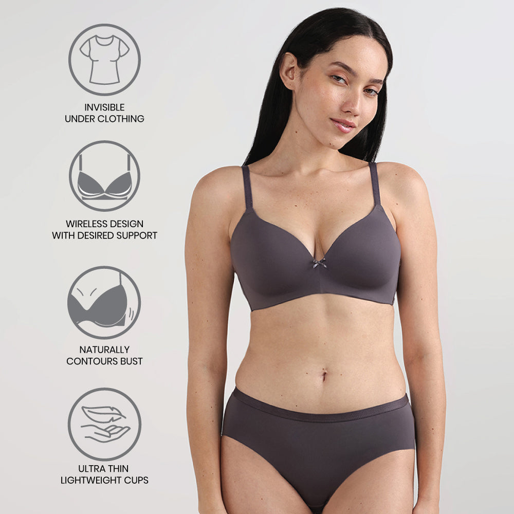 BASICS Zoe Padded Non-wired 3/4th Cup Everyday Wear Comfort Fit T-shirt Bra-Grey