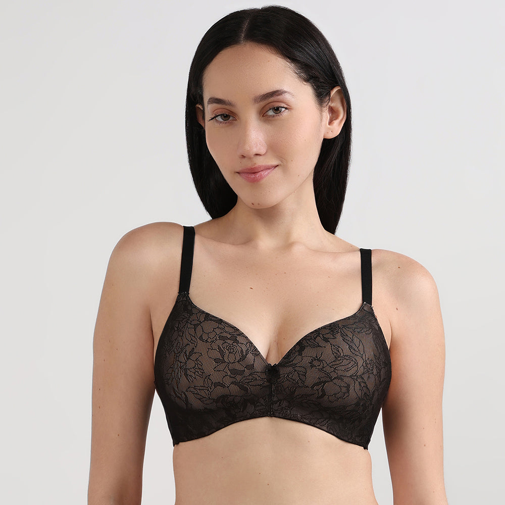 Wacoal Women’s BASICS Zoe Lace Padded Non-wired 3/4th Cup Everyday Wear Comfort Fit T-shirt Bra-Black