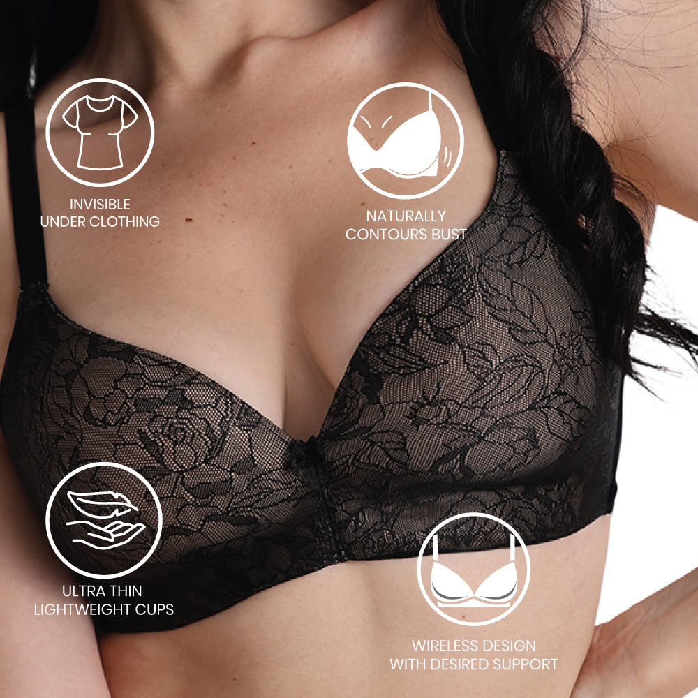 Wacoal Women’s BASICS Zoe Lace Padded Non-wired 3/4th Cup Everyday Wear Comfort Fit T-shirt Bra-Black