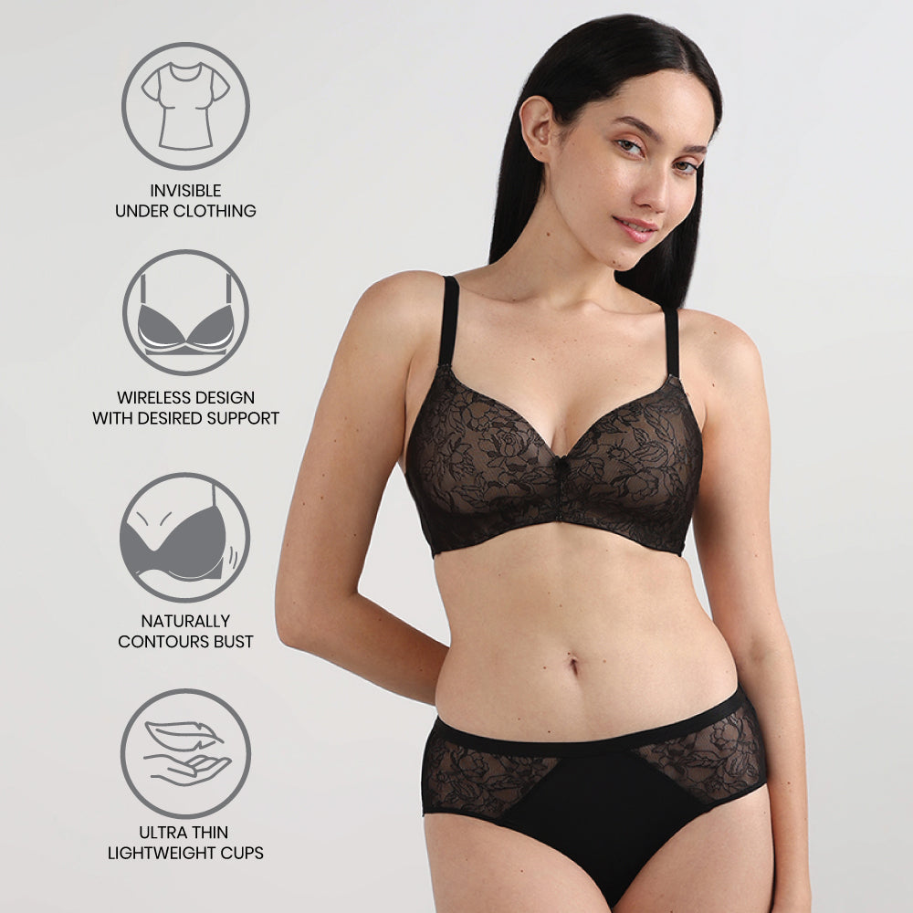 Wacoal Women’s BASICS Zoe Lace Padded Non-wired 3/4th Cup Everyday Wear Comfort Fit T-shirt Bra-Black