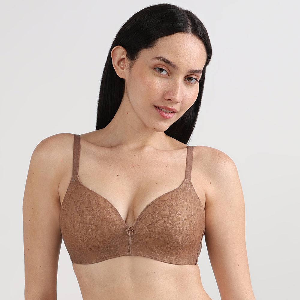 Wacoal Women’s BASICS Zoe Lace Padded Non-wired 3/4th Cup Everyday Wear Comfort Fit T-shirt Bra-Brown