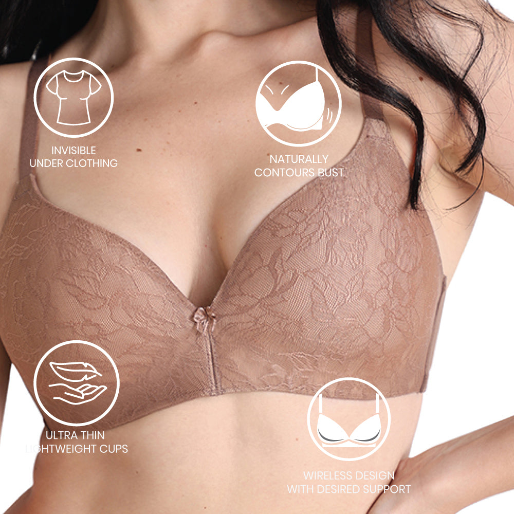 Wacoal Women’s BASICS Zoe Lace Padded Non-wired 3/4th Cup Everyday Wear Comfort Fit T-shirt Bra-Brown