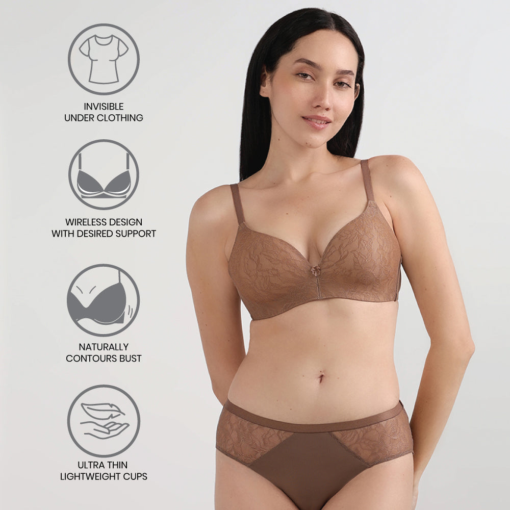 Wacoal Women’s BASICS Zoe Lace Padded Non-wired 3/4th Cup Everyday Wear Comfort Fit T-shirt Bra-Brown