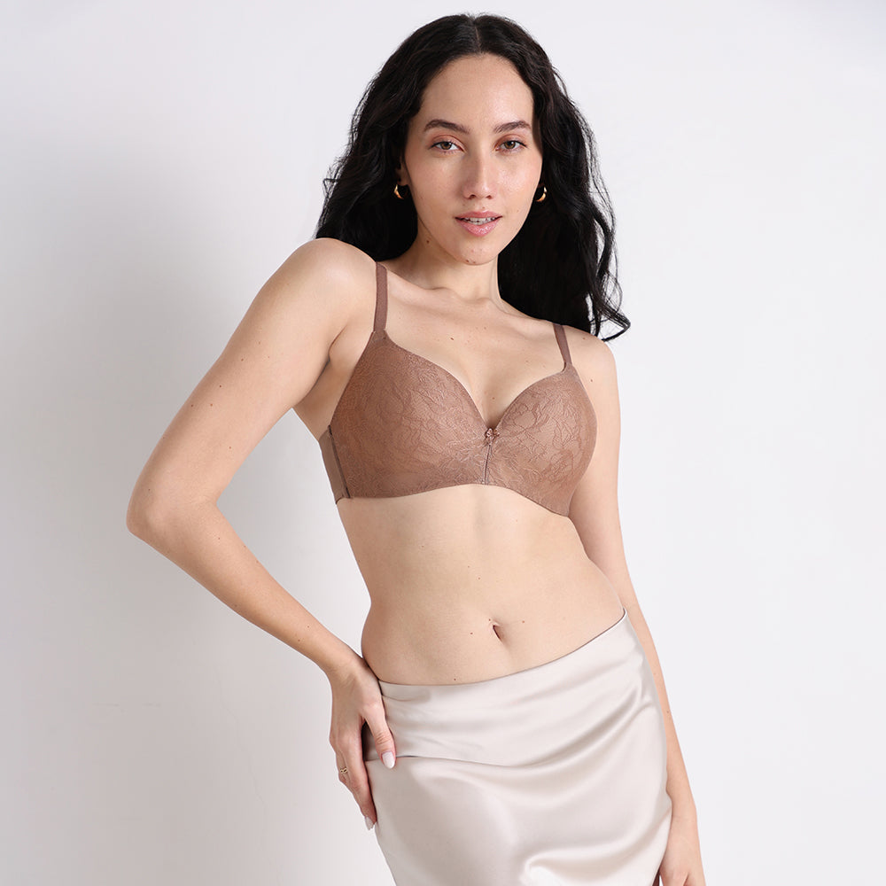 Wacoal Women’s BASICS Zoe Lace Padded Non-wired 3/4th Cup Everyday Wear Comfort Fit T-shirt Bra-Brown