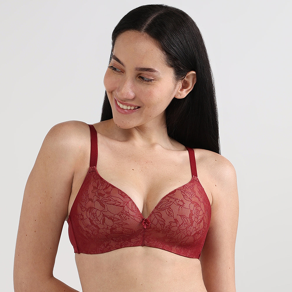 Wacoal Women’s BASICS Zoe Lace Padded Non-wired 3/4th Cup Everyday Wear Comfort Fit T-shirt Bra-Red
