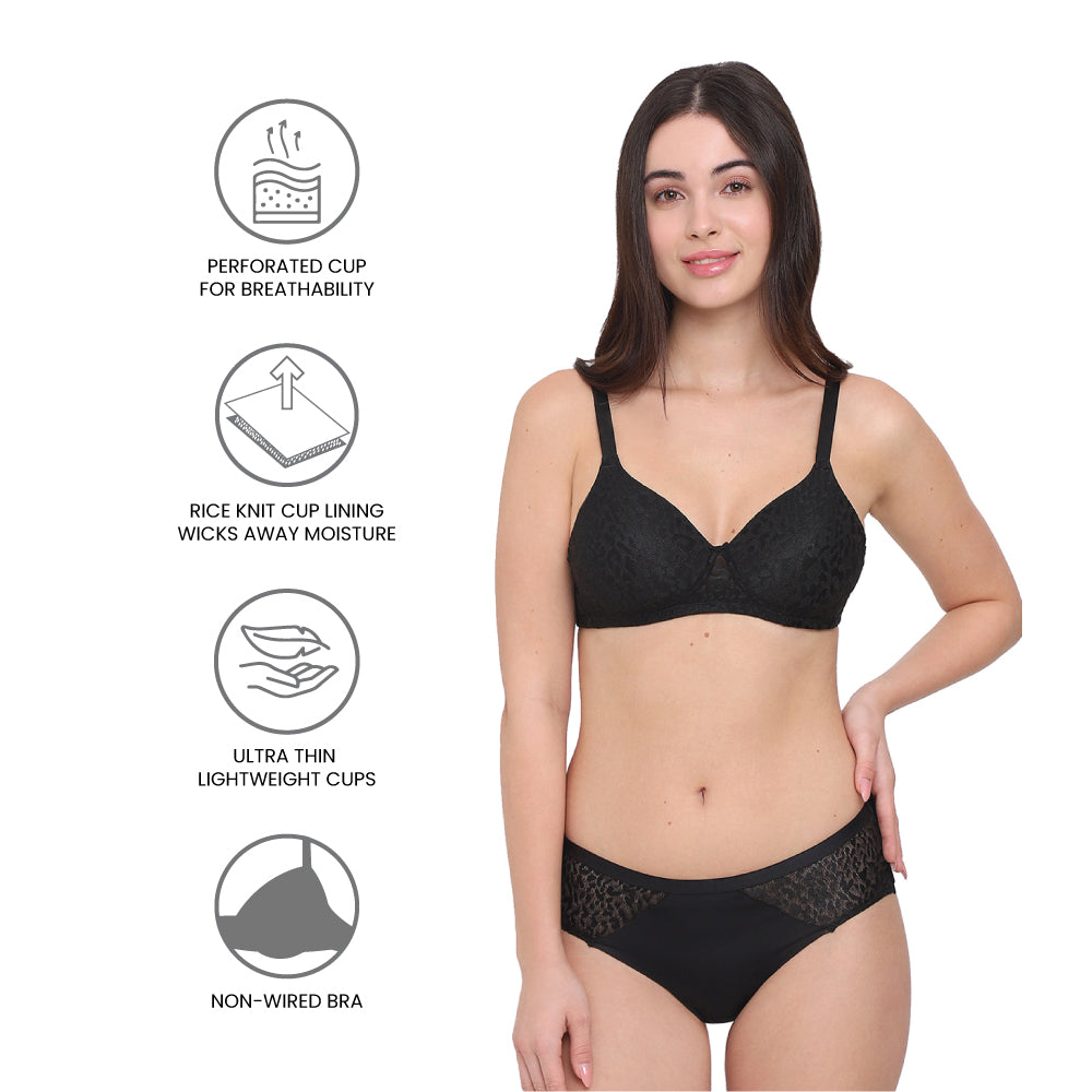 BASICS Bliss Padded Non-wired 3/4th Cup Everyday Wear Lace T-shirt Bra - Black