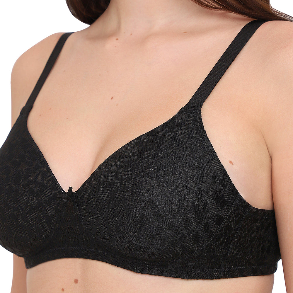BASICS Bliss Padded Non-wired 3/4th Cup Everyday Wear Lace T-shirt Bra - Black