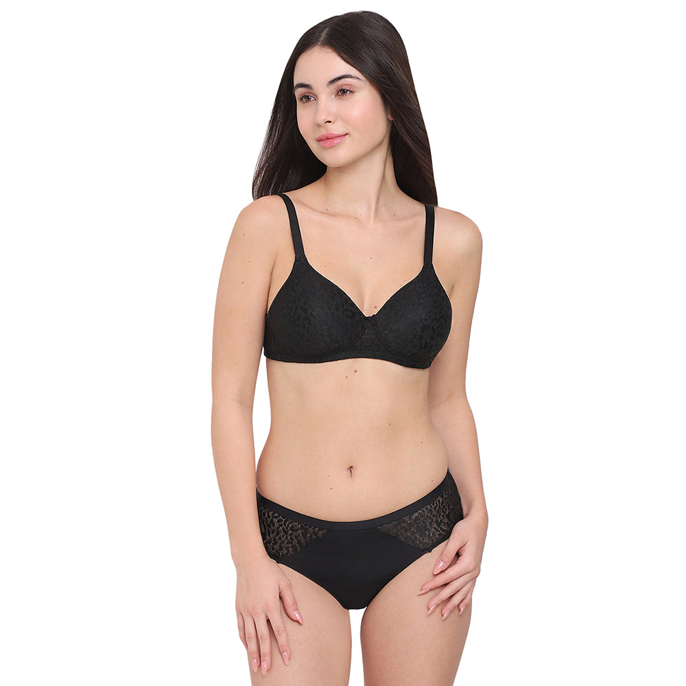 BASICS Bliss Padded Non-wired 3/4th Cup Everyday Wear Lace T-shirt Bra - Black