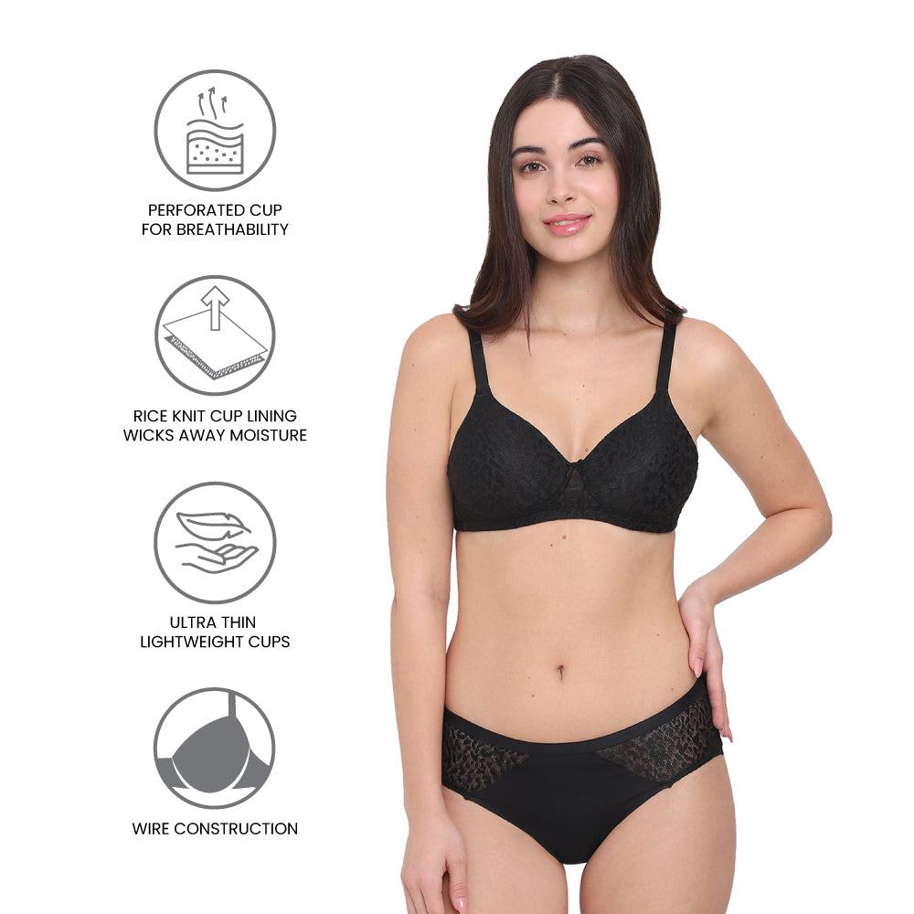 BASICS Bliss Padded Wired 3/4th Cup Everyday Wear Lace T-shirt Bra - Black