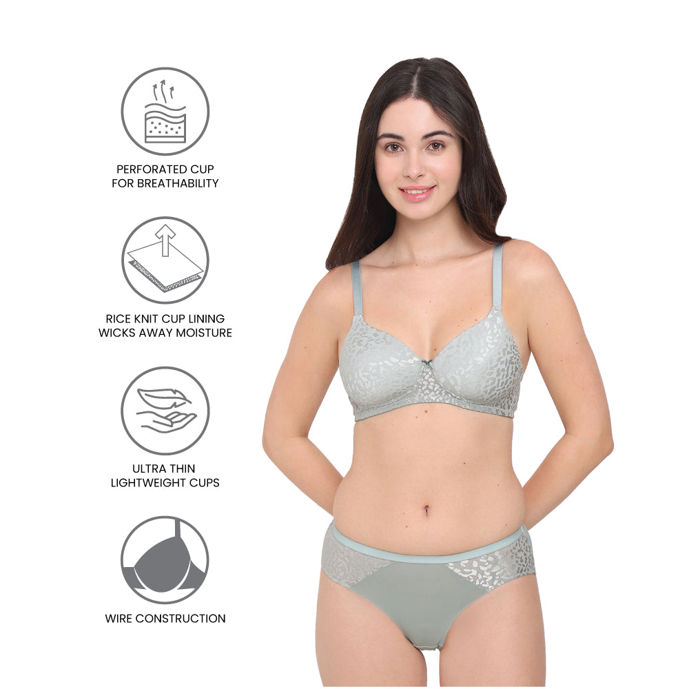 BASICS Bliss Padded Wired 3/4th Cup Everyday Wear Lace T-shirt Bra - Green