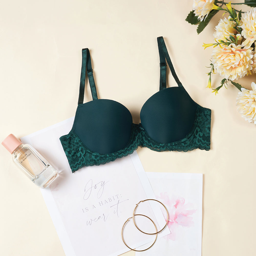 Balcony & Beyond Padded Wired Half Cup Everyday Wear Smooth Finish Fashion Bra - Dark Green