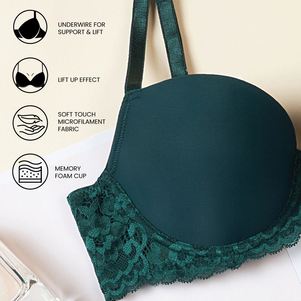 Balcony & Beyond Padded Wired Half Cup Everyday Wear Smooth Finish Fashion Bra - Dark Green